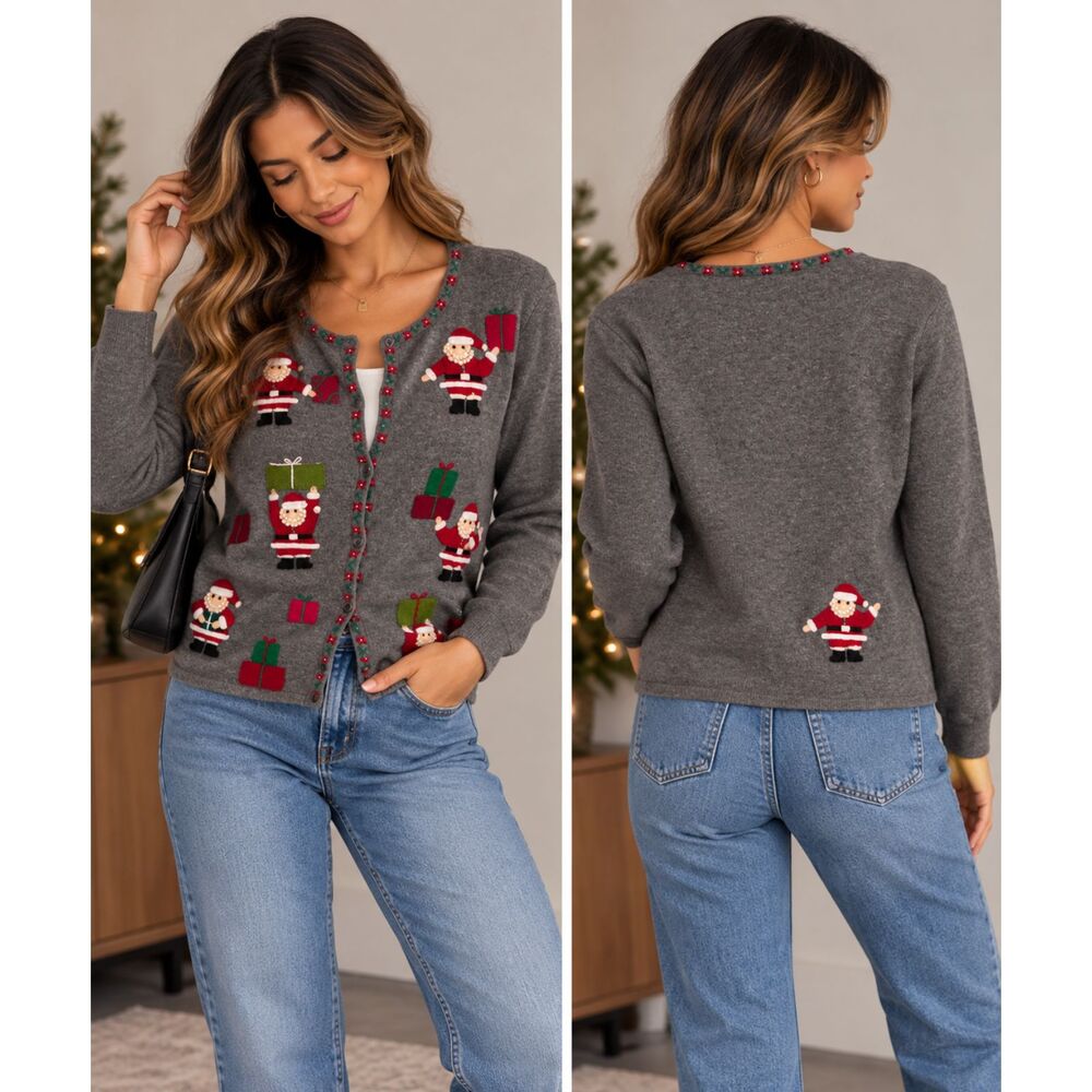 Carroll Reed Santa Christmas Cardigan Gray Holiday Sweater Women’s Size M